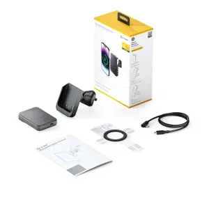 Alogic MagSafe-bilholderoplader i æske med sort trådløs opladningsholder, kabel, magnetisk ring og manual