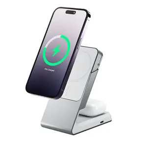 ALOGIC Matrix 2-in-1 MagSafe Desktop-Ladestation mit Smartphone im Hochformat und Ohrhörern auf dem Sockel
