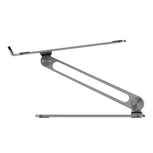 ALOGIC Elite justerbart laptopstativ i rymdgrått, sidovy som visar vinklade armar och halkskydd.