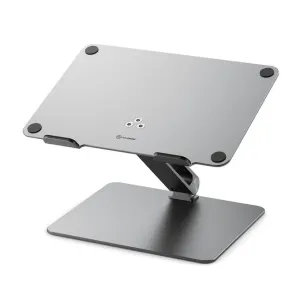 ALOGIC Elite justerbart laptopstativ i silver och svart med vinklat stöd och platt plattform.