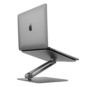 Alogic Elite justerbart laptopstativ med en silverfärgad MacBook på en svart vinklad upphöjning, visat i rymdgrått.