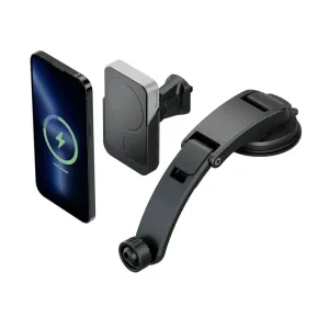 ALOGIC magnetisches Autoladegerät mit Halterungen für Lüftungsschlitz und Armaturenbrett, gezeigt mit Smartphone und kabellosem Laden