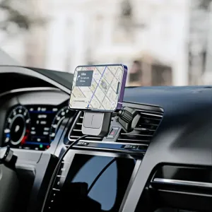 Alogic Matrix magnetisches Autoladegerät an einer Lüftungshalterung, das ein Smartphone mit Navigationsanzeige auf dem Armaturenbrett hält
