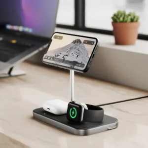 ALOGIC MagSpeed 3 vienā bezvadu uzlādes stacija ar tālruņa statīvu, viedpulksteņa un austiņu uzlādi