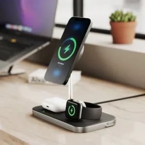ALOGIC MagSpeed 3-in-1 bezvadu uzlādes stacija ar tālruņa, pulksteņa un austiņu uzlādi uz rakstāmgalda