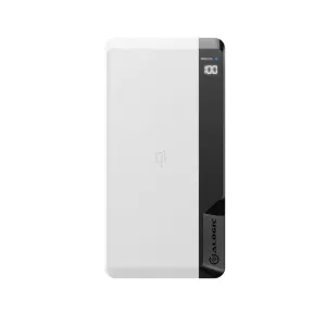 ALOGIC trådlös USB-C-powerbank i vitt och svart med digital batteridisplay och logotyp