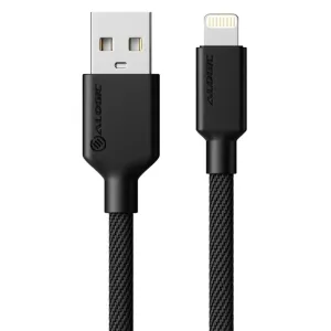 ALOGIC Elements PRO geflochtenes USB-A-auf-Lightning-Kabel mit silbernen Steckerenden auf weißem Hintergrund