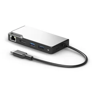 ALOGIC USB-C-Hub mit HDMI-, Ethernet- und USB-A-Anschlüssen, dargestellt mit angeschlossenem USB-C-Kabel auf weißem Hintergrund