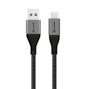Alogic USB-A till USB-C-kabel med flätad svart design och logotypförsedda kontakter för laddning och dataöverföring