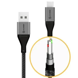 ALOGIC USB-A-till-USB-C-kabel med flätad design och detalj som visar kontaktens genomskärning, i svart och grått