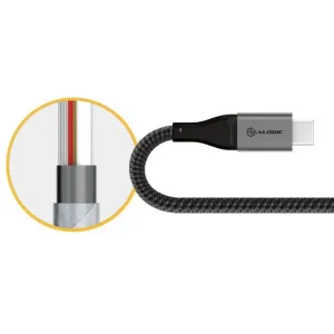 ALOGIC flätad USB-A-till-USB-C-kabel med USB-C-kontakt och infälld bild av kabelns tvärsnitt mot vit bakgrund