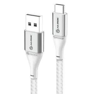 ALOGIC Ultra USB-A–USB-C-kaapeli, jossa on punottu valkoinen muotoilu ja hopeanväriset liittimet lataukseen ja synkronointiin