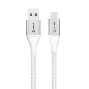 ALOGIC Ultra USB-A–USB-C-kaapeli, jossa on punottu valkoinen pinta ja hopeanväriset liittimet latausta ja tiedonsiirtoa varten
