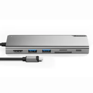 ALOGIC Ultra USB-C-Dockingstation mit HDMI, USB-A-Anschlüssen und Kartensteckplatz, in Silber abgebildet, mit angeschlossenem Kabel