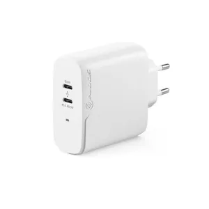 ALOGIC Rapid Power 63W white GaN wall charger with two USB-C ports and European two-pin plug