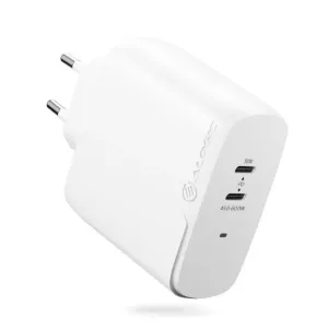 ALOGIC Rapid Power 63W GaN wall charger with dual USB-C ports, two-prong plug and white compact design