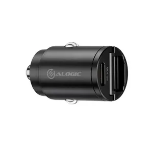 ALOGIC Rapid Power 30 W biloplader med USB-C- og USB-A-porte, vist i sort til opladning i bilen.