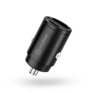 ALOGIC Rapid Power 30 W biloplader med USB-C- og USB-A-porte, vist i sort med et kompakt cylindrisk design.