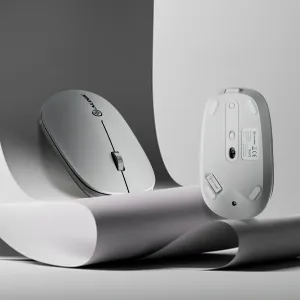 Weiße kabellose ALOGIC-Maus in Ober- und Unteransicht mit Scrollrad, Sensor und wiederaufladbarem USB-C-Design