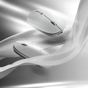 Weiße, über USB-C wiederaufladbare kabellose ALOGIC Echelon Bluetooth-Maus, dargestellt in zwei Ansichten mit Scrollrad und USB-C-Anschluss.