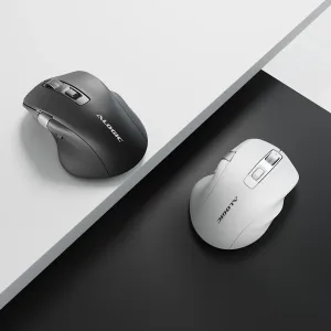 ALOGIC APEX ergonomisk trådløs mus vist i sort og hvid med rullehjul og sideknapper