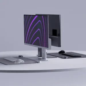 ALOGIC EDGE 34-Zoll-Ultrawide-Monitor auf einem Standfuß mit Vorder- und Rückansicht für einen modernen Arbeitsplatz