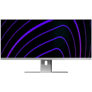 Alogic EDGE 34-Zoll-Ultrawide-WQHD-Monitor mit silbernem Standfuß und schmalem Rahmen auf weißem Hintergrund