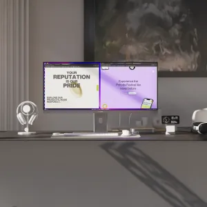 ALOGIC EDGE 34-Zoll-Ultrawide-Monitor auf einem Schreibtisch, der in einem Homeoffice Arbeitsbereiche im geteilten Bildschirm zeigt.