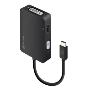 ALOGIC USB-C-auf-HDMI-/DVI-/VGA-Adapter mit fest angebrachtem Kabel und sichtbaren HDMI-, VGA- und DVI-Anschlüssen