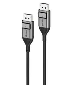 Alogic Ultra DisplayPort–DisplayPort-kaabel lukustuvate pistikutega, musta ja hõbedasena valgel taustal