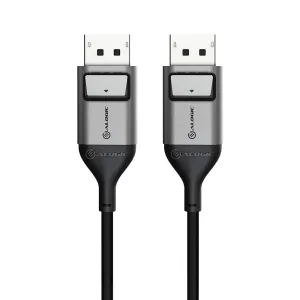 Alogic Ultra DisplayPort–DisplayPort-kaabel lukustuvate pistikutega, kosmosehallina valgel taustal