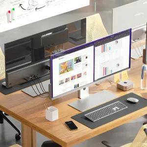 ALOGIC Edge 5K 40 tuuman ultralaajakuvanäyttö työpöydällä, näytöllä kaavioita ja laskentataulukoita modernissa työtilassa.