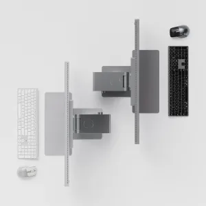 ALOGIC Aspekt Fold Stand tragbarer Monitorständer, abgebildet in aufrechter und zusammengeklappter Position, mit Tastaturen zum Größenvergleich