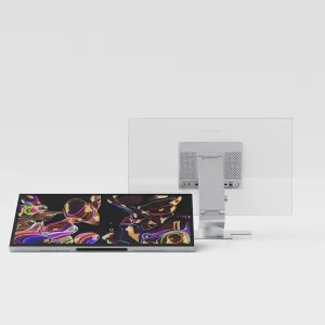 ALOGIC Aspekt Klappständer mit aufrechten und zusammengeklappten 32-Zoll-Displays in einem sauberen Studio-Produktsetup
