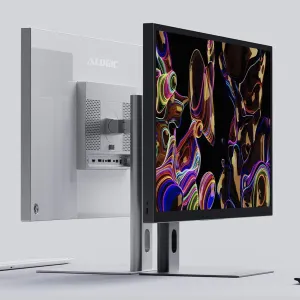 Höhenverstellbarer ALOGIC Aspekt 32-Zoll-Monitorständer in Silber und Schwarz, abgebildet mit montiertem Display