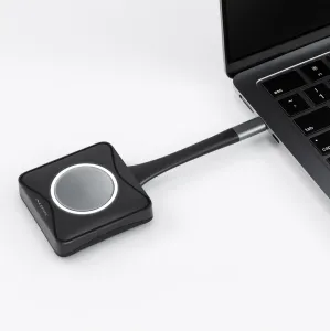 ALOGIC Unite 4K wireless presenter button with USB-C receiver, shown connected to a laptop