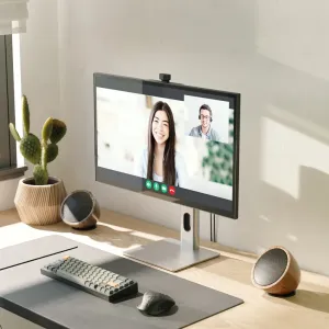 Alogic Clarity Pro 27-tommers 4K-skærm på en sølvfarvet stander, der viser et videoopkald i et lyst hjemmekontor
