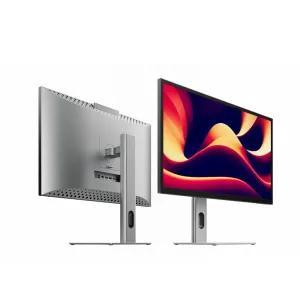 Alogic Clarity Pro 27-tommers UHD 4K-skærm vist forfra og bagfra med sølvfarvet fod og tynde rammer