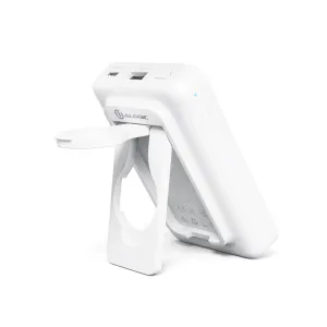 Alogic Lift MagSafe-kompatibel powerbank med trådløs opladning og udfoldelig stander, hvidt, bærbart design på 10.000 mAh