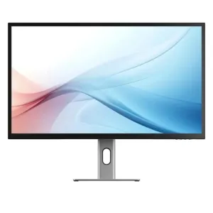 Alogic Clarity Max 32-tommers 4K-skjerm på sølvfarget stativ med smale svarte rammer og abstrakt blå bølge på skjermen