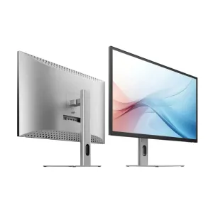 ALOGIC Clarity Max 32-tommers 4K-skjerm i sølv, vist forfra og bakfra med smal ramme og justerbart stativ