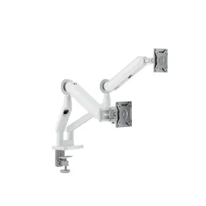 Weißer ALOGIC Glide Dual-Monitorarm mit Gelenkarmen, Tischklemmbasis und Öffnungen für das Kabelmanagement