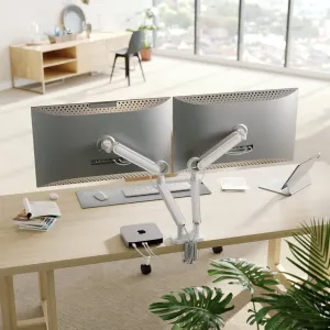 ALOGIC Glide Dual-Monitorarm mit Kabelmanagement, der zwei Monitore auf einem Schreibtisch hält