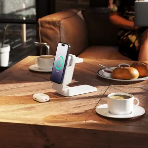 ALOGIC Matrix ULTIMATE kabelloses 3-in-1-Ladegerät mit Smartphone-Ständer und Ohrhörer-Etui auf einem Tisch