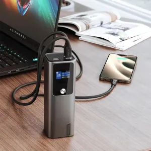 ALOGIC Ark Power Bank auf einem Schreibtisch beim Laden eines Laptops und eines Smartphones, mit sichtbarem Display und USB-C-Kabel