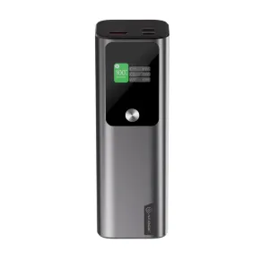 Alogic Ark Powerbank mit digitalem Display, Vorderansicht in Dunkelgrau mit USB-C- und USB-A-Anschlüssen auf weißem Hintergrund