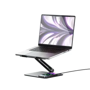 ALOGIC Elite Power -kannettavan tietokoneen teline langattomalla laturilla, kuvassa kannettava tietokone ja puhelin mustalla säädettävällä alustalla.