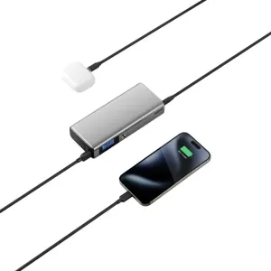 ALOGIC Ruck 20,000mAh portable power bank charges a smartphone and earbuds with attached USB-C cables