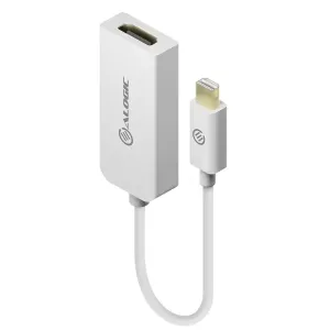 Câble adaptateur ALOGIC Mini DisplayPort vers HDMI avec boîtiers de connecteurs blancs et port HDMI, sur fond blanc