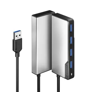 ALOGIC USB-A Fusion SWIFT 4-Port-Hub in Silber und Schwarz mit angeschlossenem USB-A-Kabel auf weißem Hintergrund